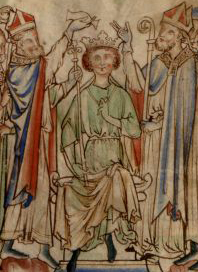 Extract from Folio 9r:Edward is received in England, and is crowned.